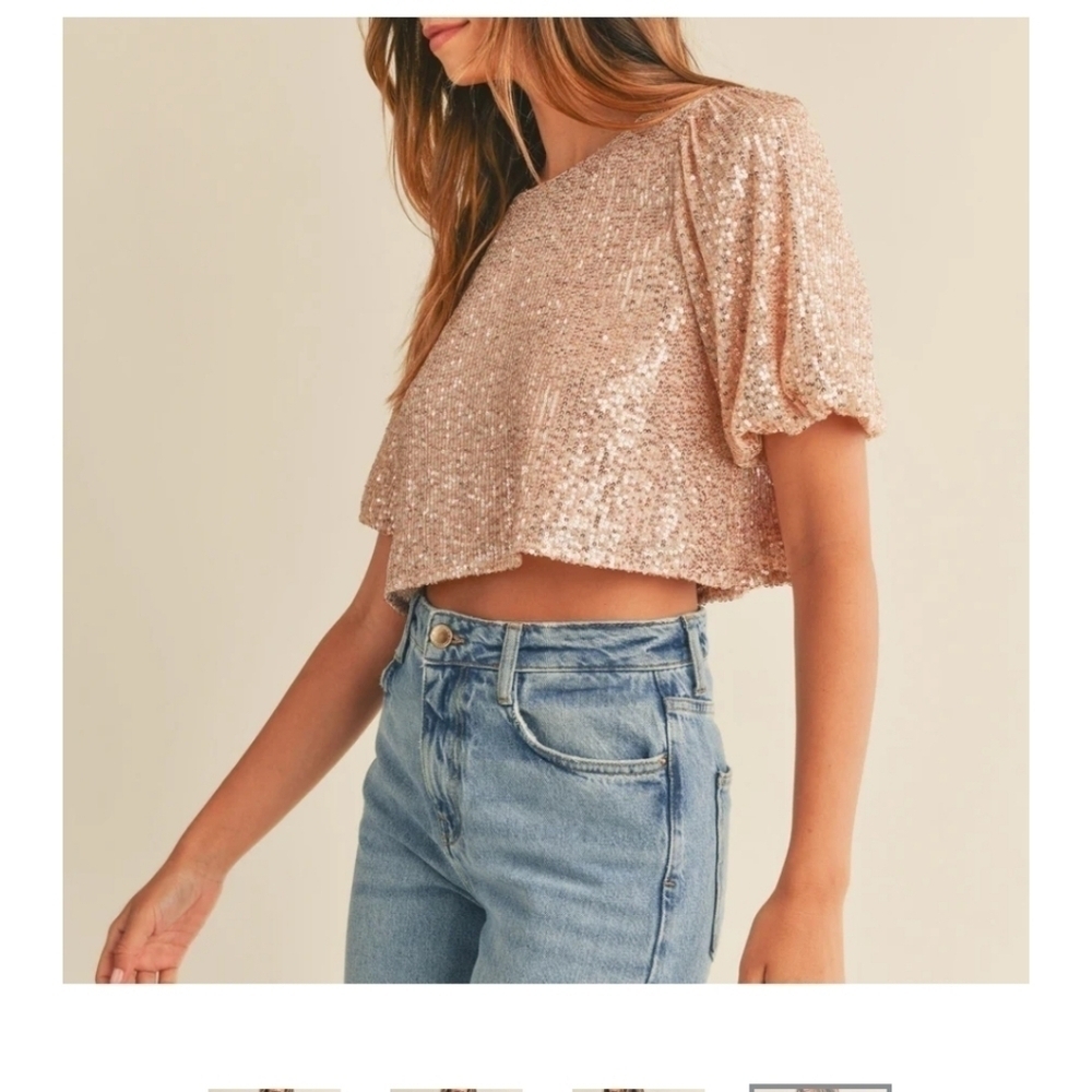 NWT GOLD EMBELLISHED SEQUINED CROP TOP OPEN TIE BACK LARGE - Picture 2 of 10